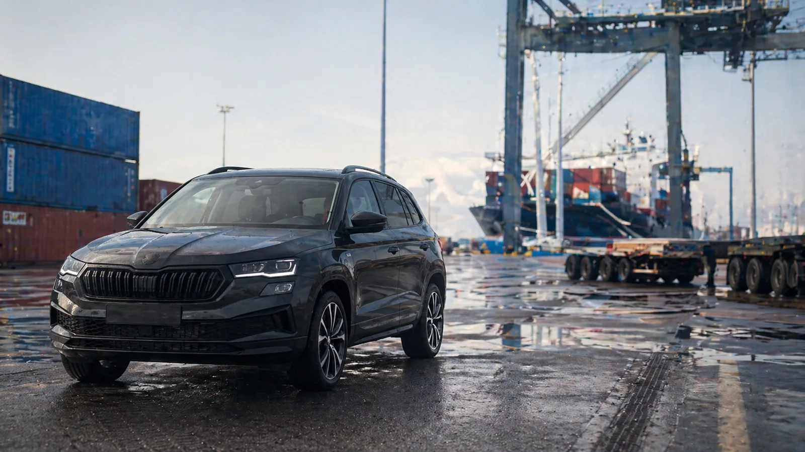 SUV en entorno portuario, representando importación de vehículos